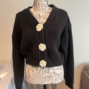 Lush Black Cardigan with Cream Floral Accents